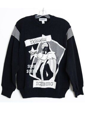 Vintage Iceberg Sylvester Looney Tunes Knit Sweater Black White Italy 1993 S